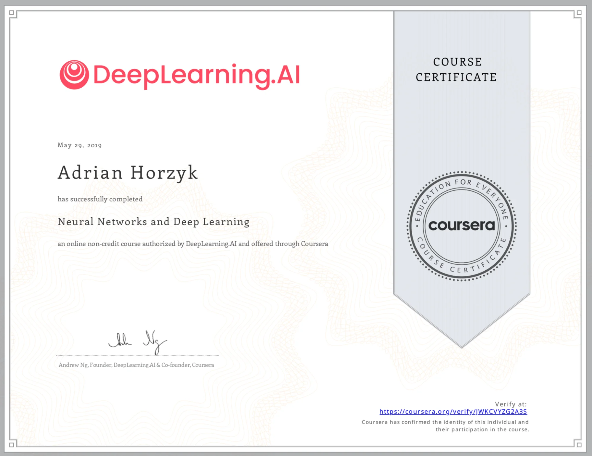 Coursera certificate sample PDF with DeepLearning.AI branding, course details and a Coursera verification ribbon. Coursera certificate sample PDF with DeepLearning.AI branding, course details and a Coursera verification ribbon.