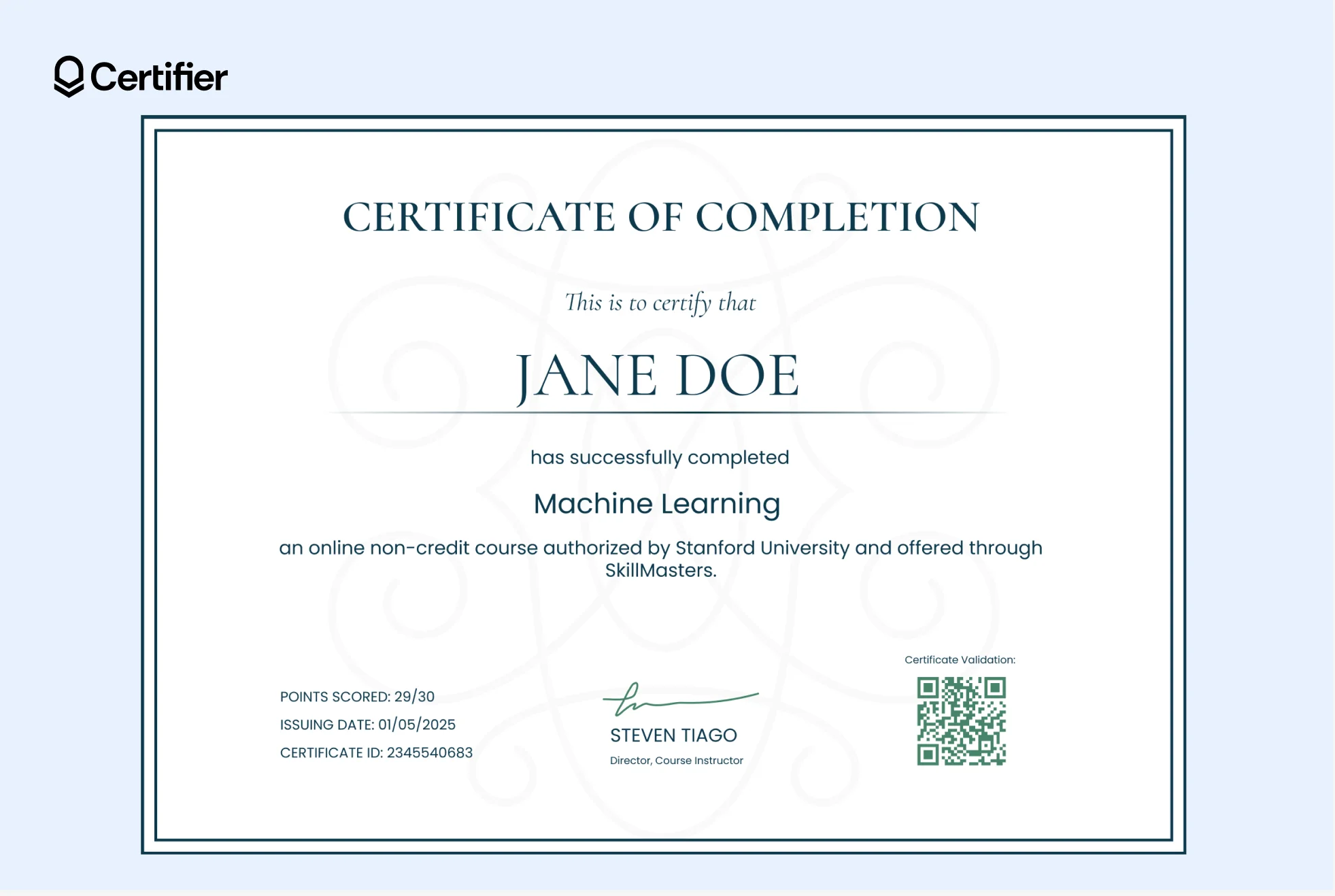 Coursera machine learning certificate sample in bright colors, course title, completion details, score and QR code. Coursera machine learning certificate sample in bright colors, course title, completion details, score and QR code.