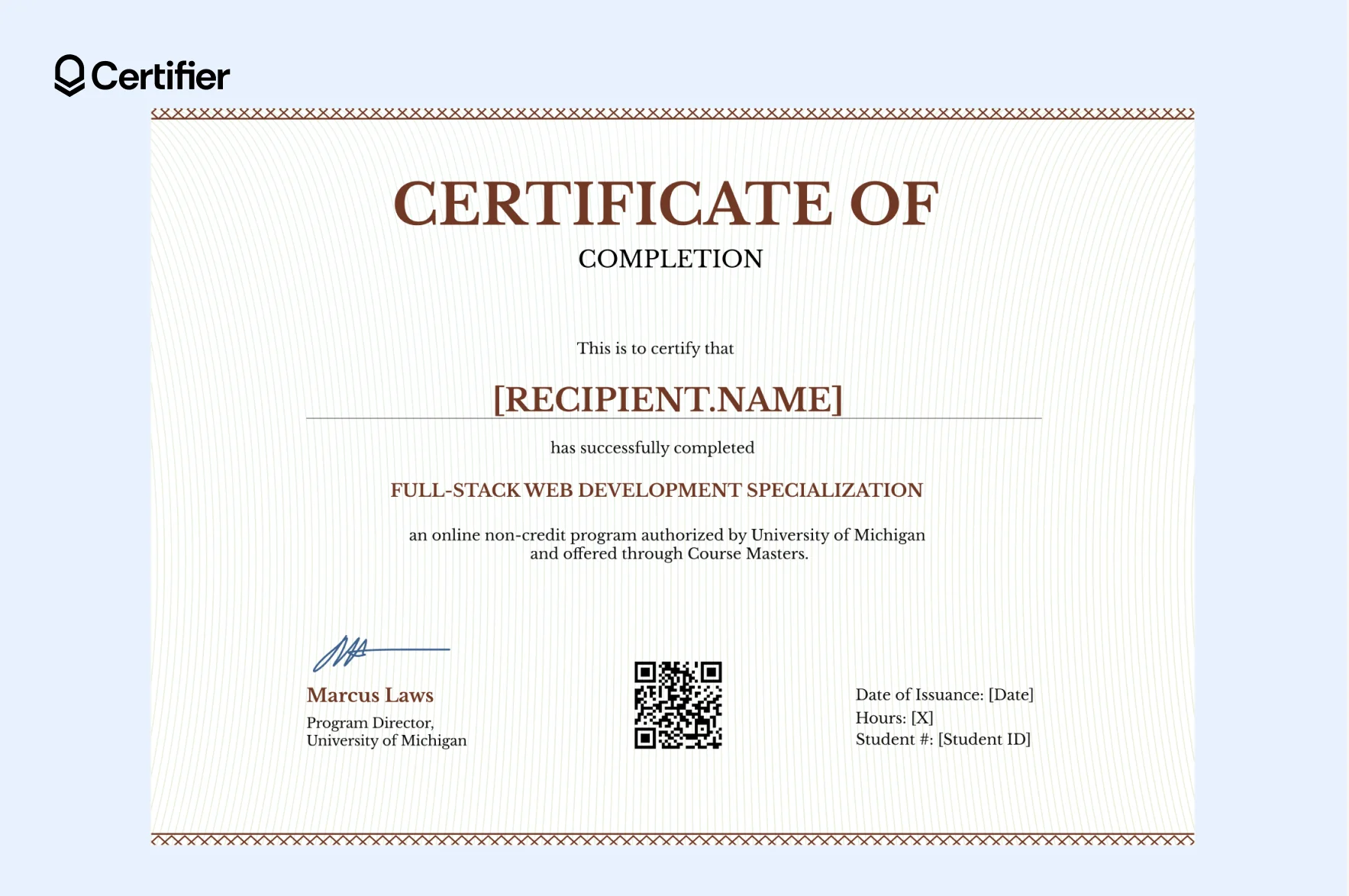 Coursera specialization certificate sample with structured layout, QR code and support for landscape or portrait orientation. Coursera specialization certificate sample with structured layout, QR code and support for landscape or portrait orientation.