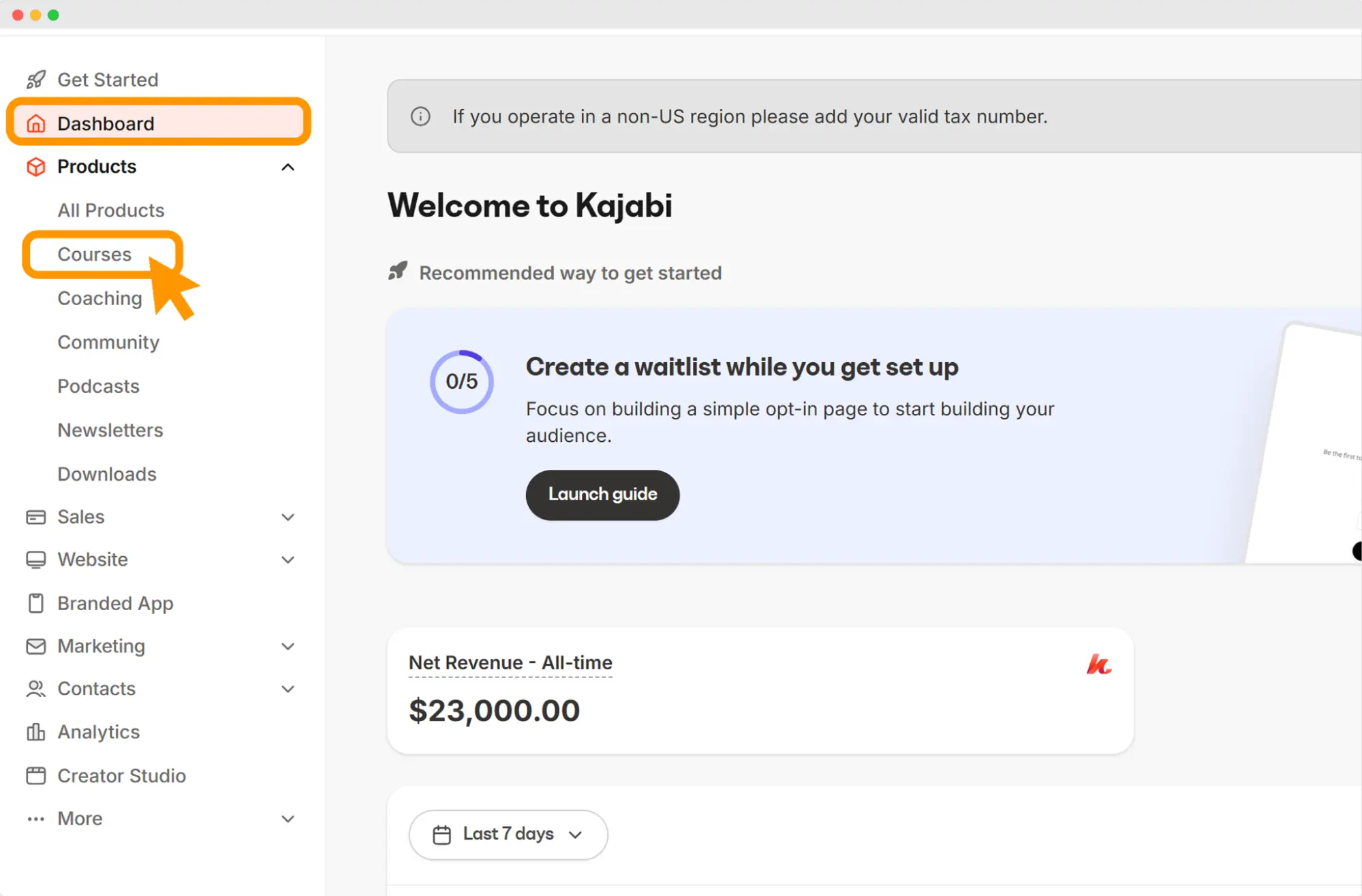 Kajabi dashboard view with navigation highlighting the “Courses” section, guiding Kajabi customers through course setup and certification resources. Kajabi dashboard view with navigation highlighting the “Courses” section, guiding Kajabi customers through course setup and certification resources.