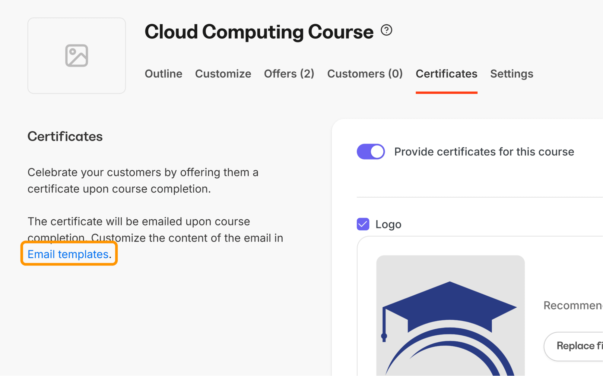 Kajabi’s certificate setup screen with a direct link to edit the email template for sending certificate of completion after a Kajabi assessment or course. Kajabi’s certificate setup screen with a direct link to edit the email template for sending certificate of completion after a Kajabi assessment or course.