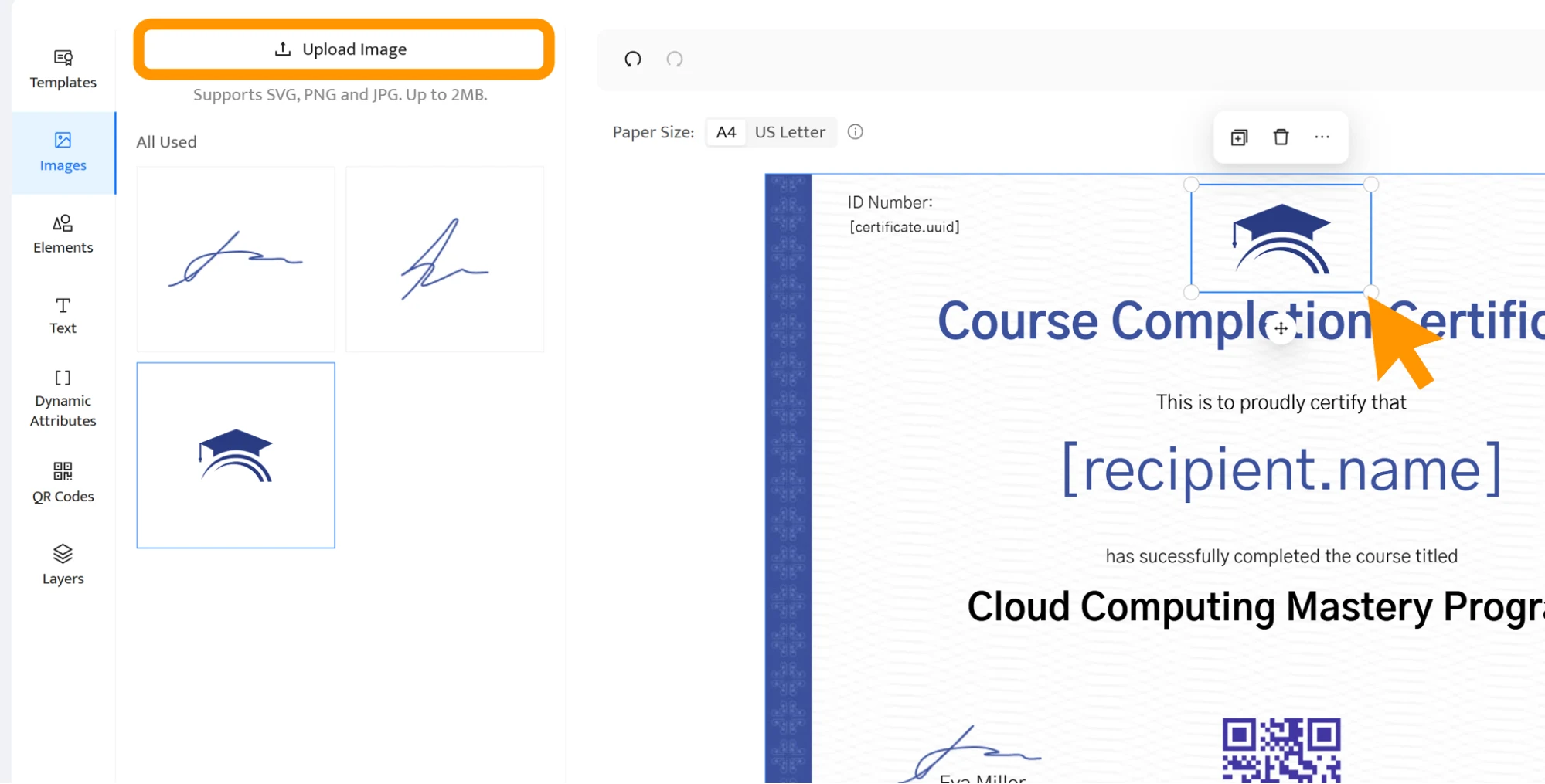 Certificate design screen in Certifier with options to upload logos and images, enabling full customization for Kajabi certification branding. Certificate design screen in Certifier with options to upload logos and images, enabling full customization for Kajabi certification branding.