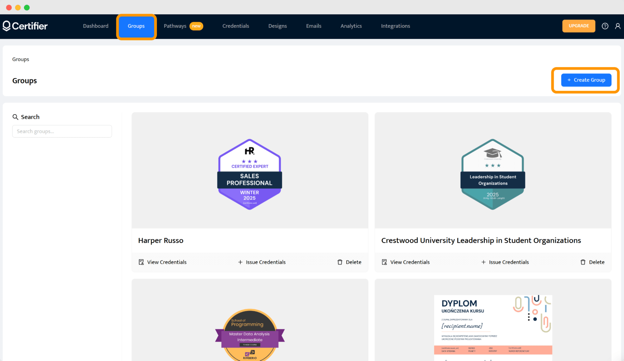 Certifier dashboard with groups view, used by Kajabi expert users to manage certificate templates for multiple Kajabi courses. Certifier dashboard with groups view, used by Kajabi expert users to manage certificate templates for multiple Kajabi courses.