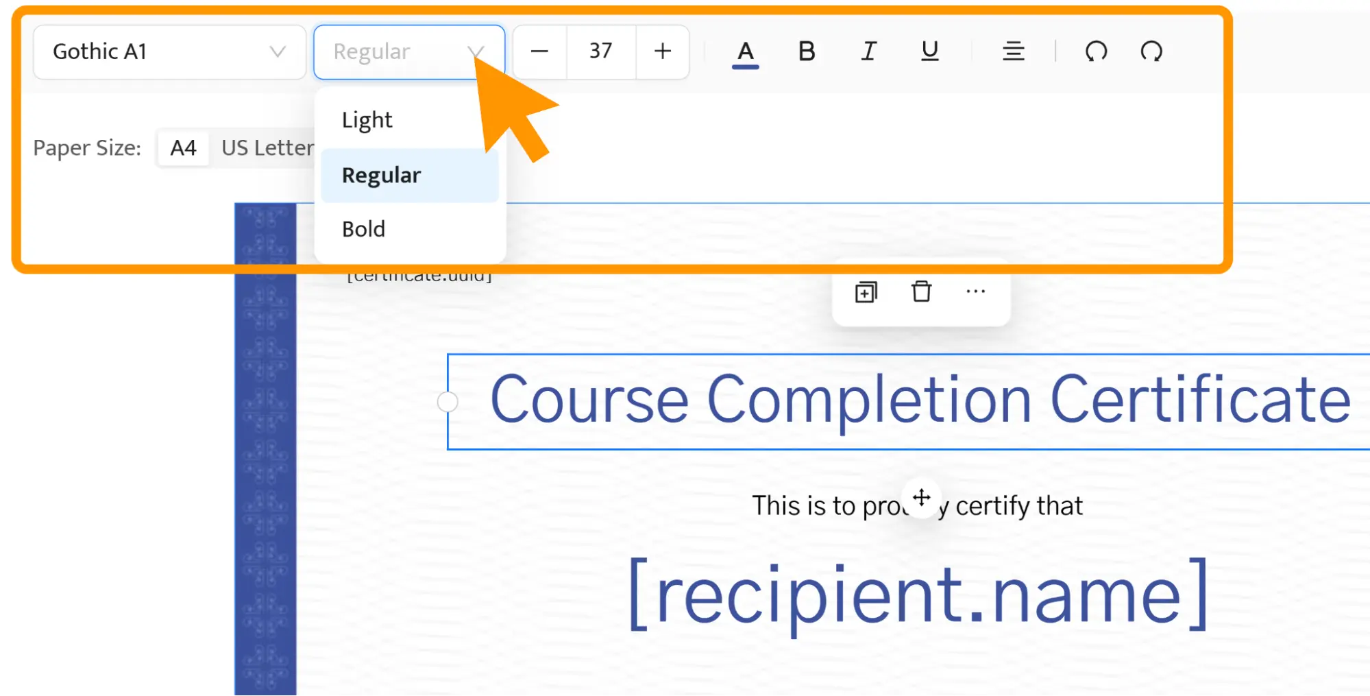 Certificate editor interface displaying font style customization, a key step for branding Kajabi certificates of completion for Kajabi courses. Certificate editor interface displaying font style customization, a key step for branding Kajabi certificates of completion for Kajabi courses.
