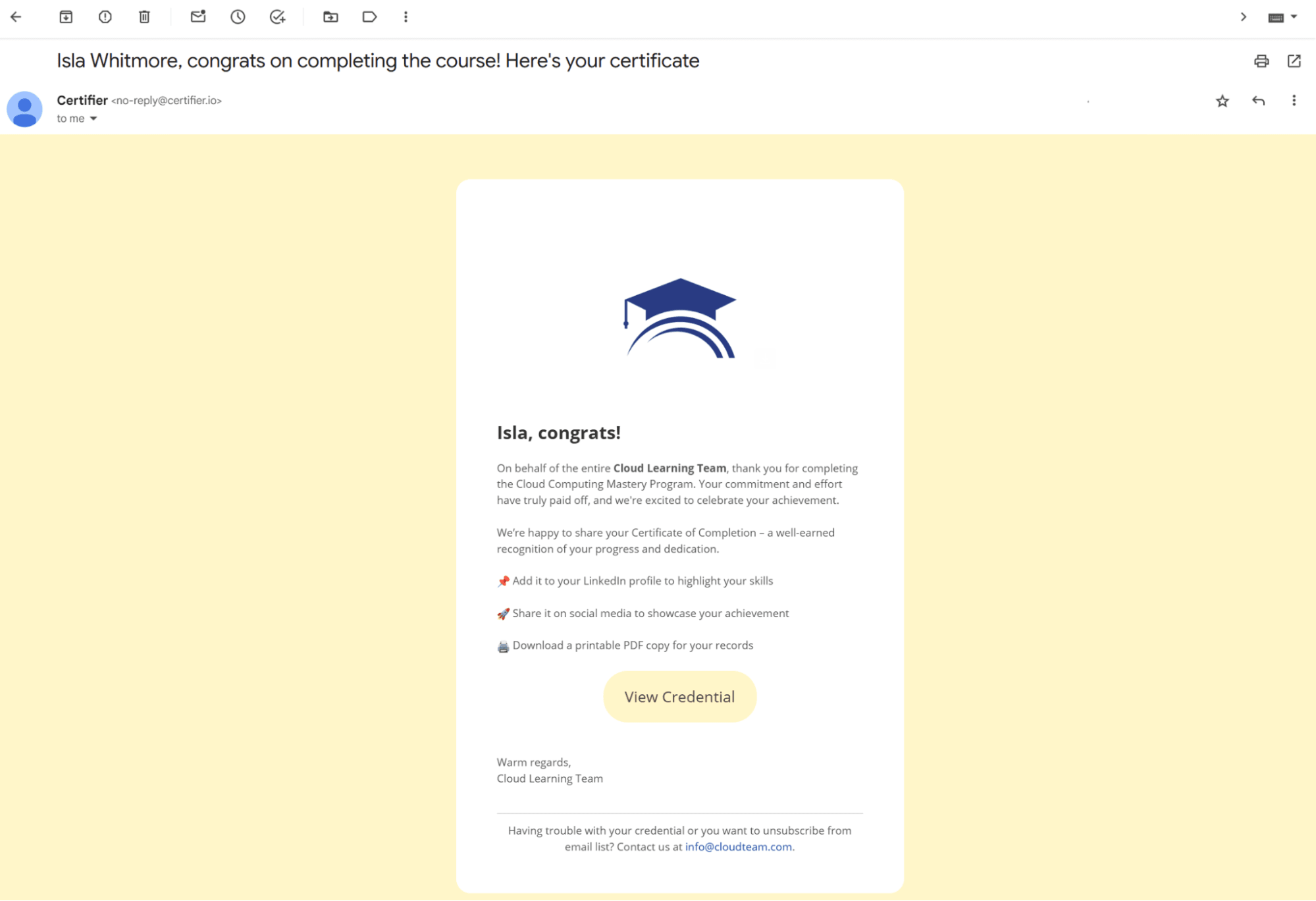 Certifier email congratulating a student with a digital credential after completing a Kajabi course, enhancing online business branding. Certifier email congratulating a student with a digital credential after completing a Kajabi course, enhancing online business branding.