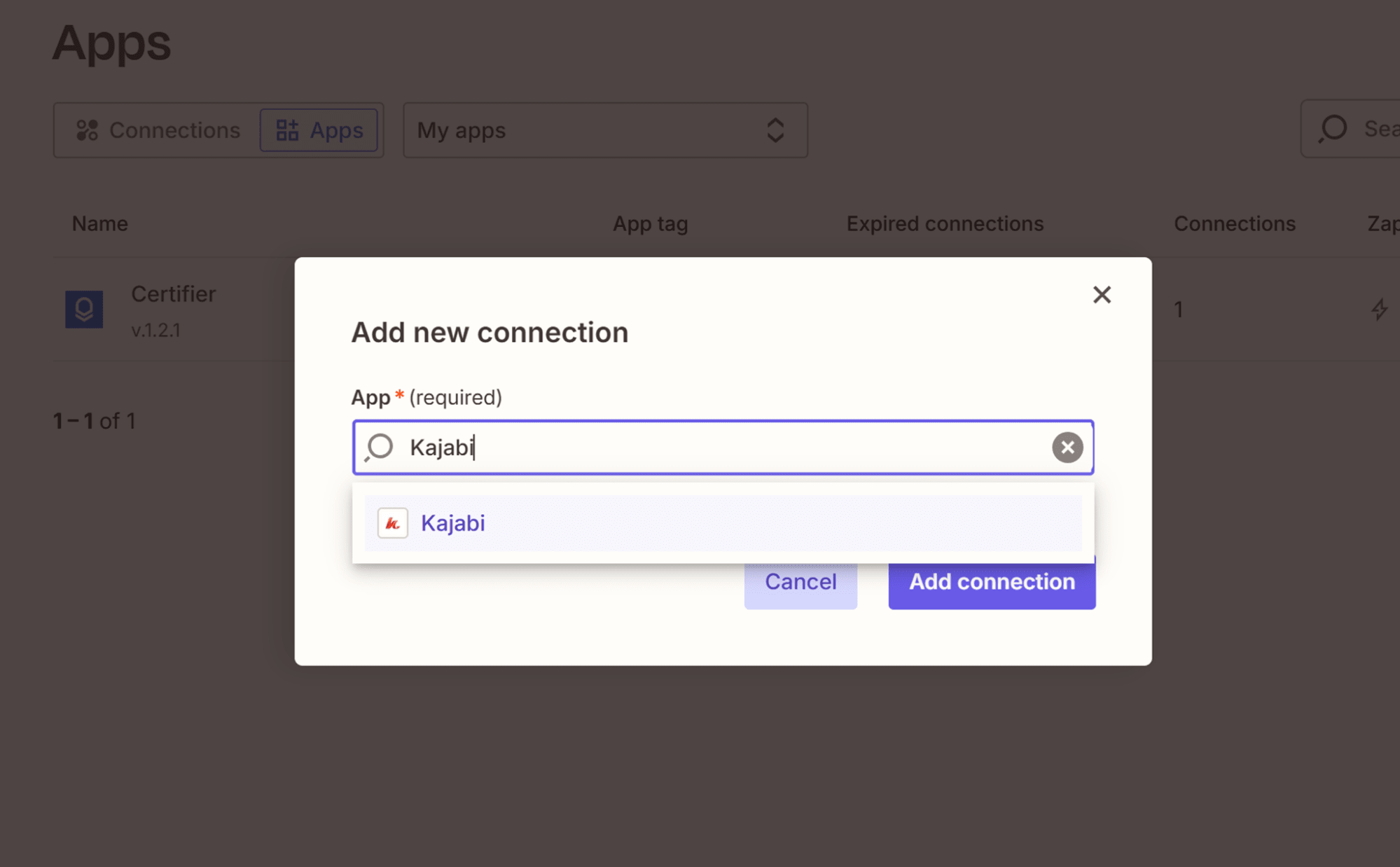 App connection window in Certifier showing how Kajabi is added, enabling Kajabi automations for issuing digital certificates. App connection window in Certifier showing how Kajabi is added, enabling Kajabi automations for issuing digital certificates.