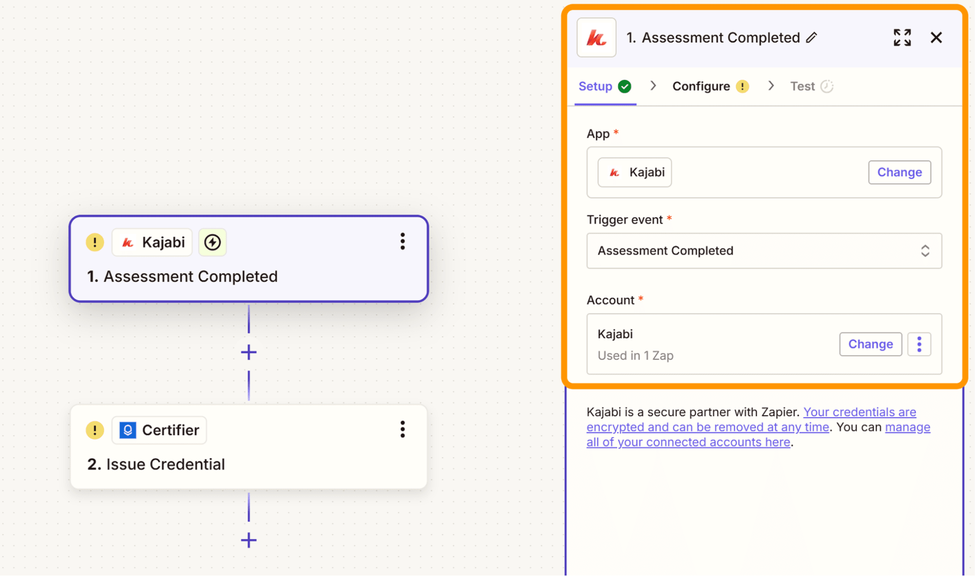 Zapier configuration where a completed Kajabi assessment automatically triggers a Certifier-issued Kajabi certificate of completion. Zapier configuration where a completed Kajabi assessment automatically triggers a Certifier-issued Kajabi certificate of completion.