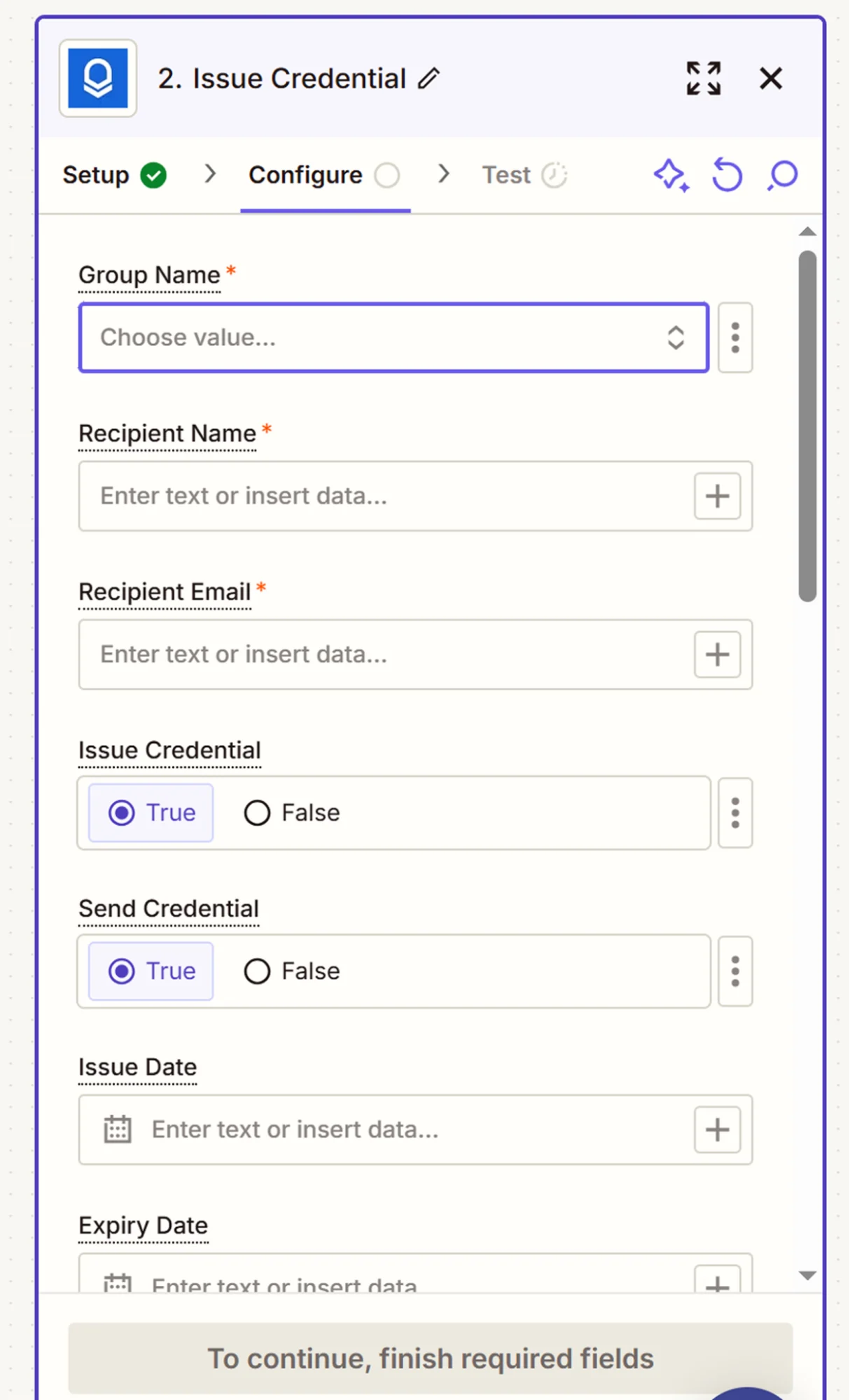 Certifier setup panel for configuring credential issuance, showing how Kajabi automations integrate with Certifier to send certificates after Kajabi course completion. Certifier setup panel for configuring credential issuance, showing how Kajabi automations integrate with Certifier to send certificates after Kajabi course completion.