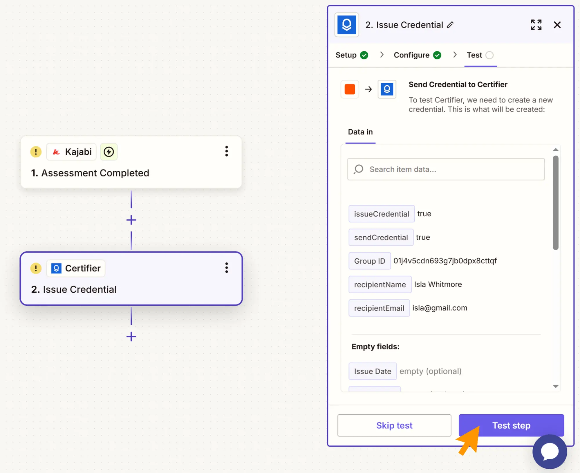 Visual of Kajabi automation integrated with Certifier showing assessment completion triggering a certificate issuance, part of Kajabi advanced automations setup. Visual of Kajabi automation integrated with Certifier showing assessment completion triggering a certificate issuance, part of Kajabi advanced automations setup.