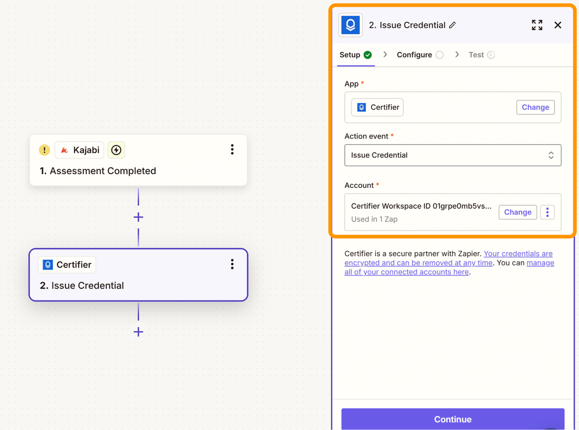 Setup screen in Zapier showing how Kajabi’s assessment completion triggers Certifier to issue a Kajabi certificate of completion automatically. Setup screen in Zapier showing how Kajabi’s assessment completion triggers Certifier to issue a Kajabi certificate of completion automatically.