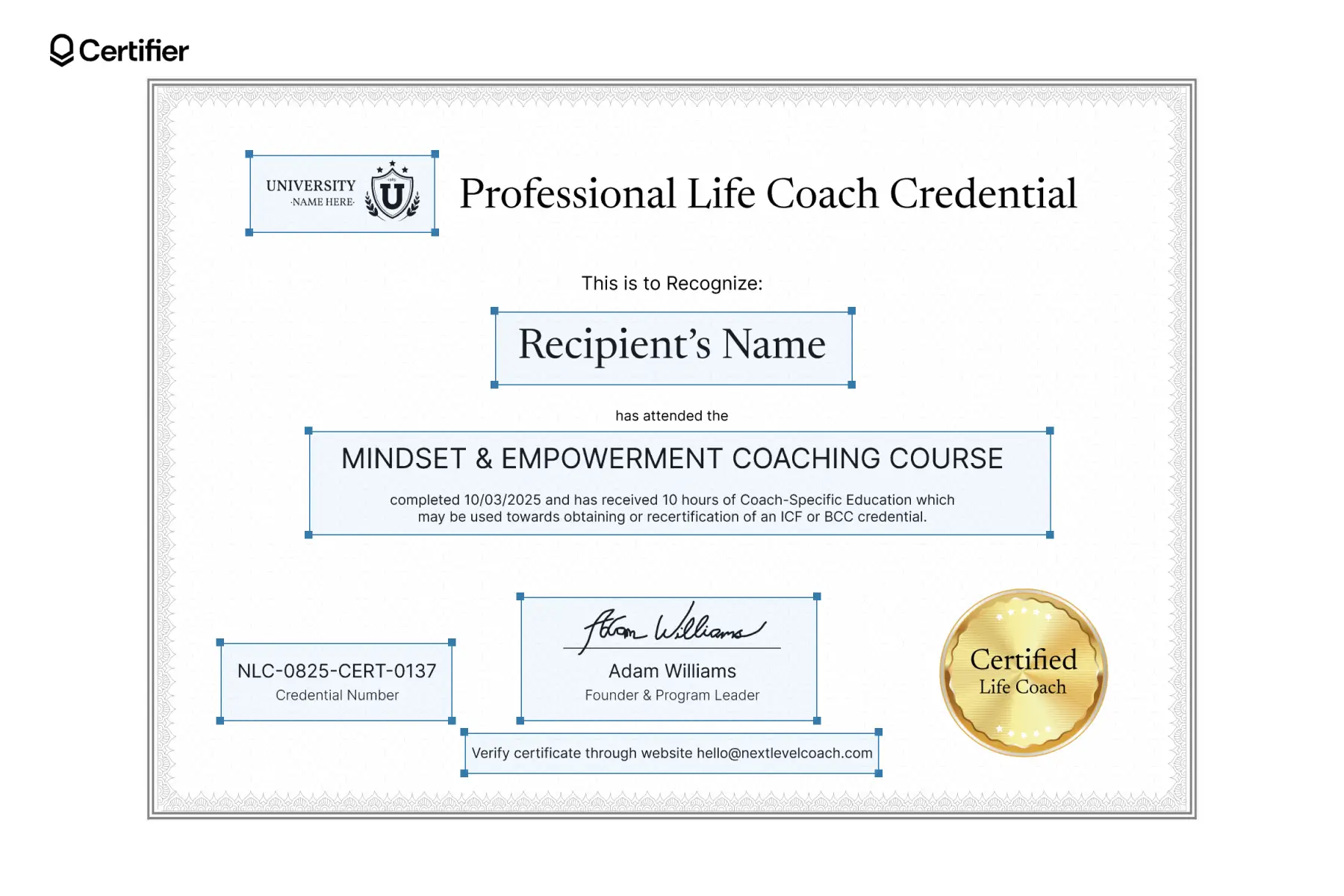 Professional life coach credential certificate template in soft-grey landscape design with geometric border and gold “Certified Life Coach” seal. Professional life coach credential certificate template in soft-grey landscape design with geometric border and gold “Certified Life Coach” seal.