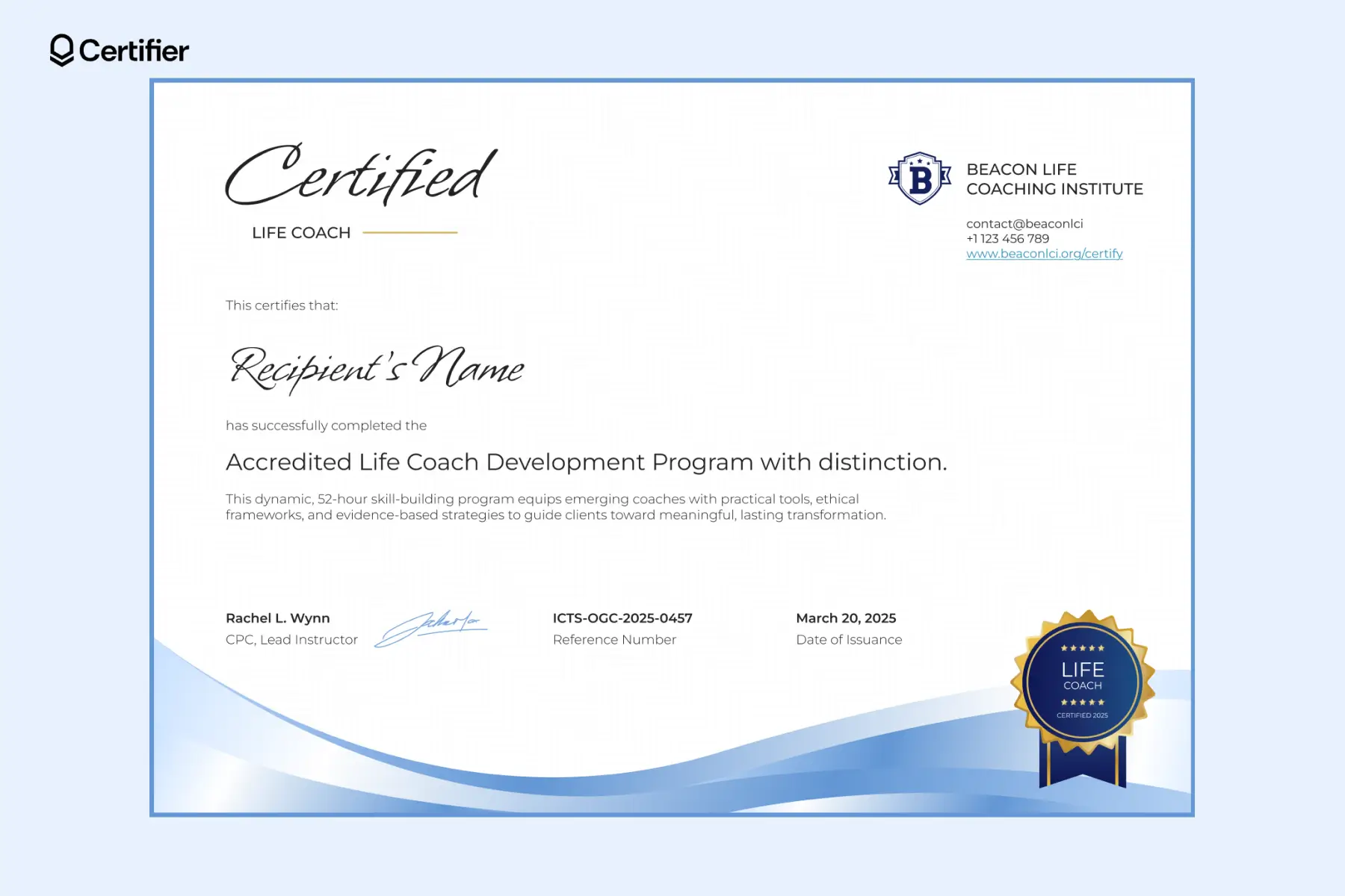 Modern blue life coach certificate template free with wave motif and navy-gold badge. Modern blue life coach certificate template free with wave motif and navy-gold badge.