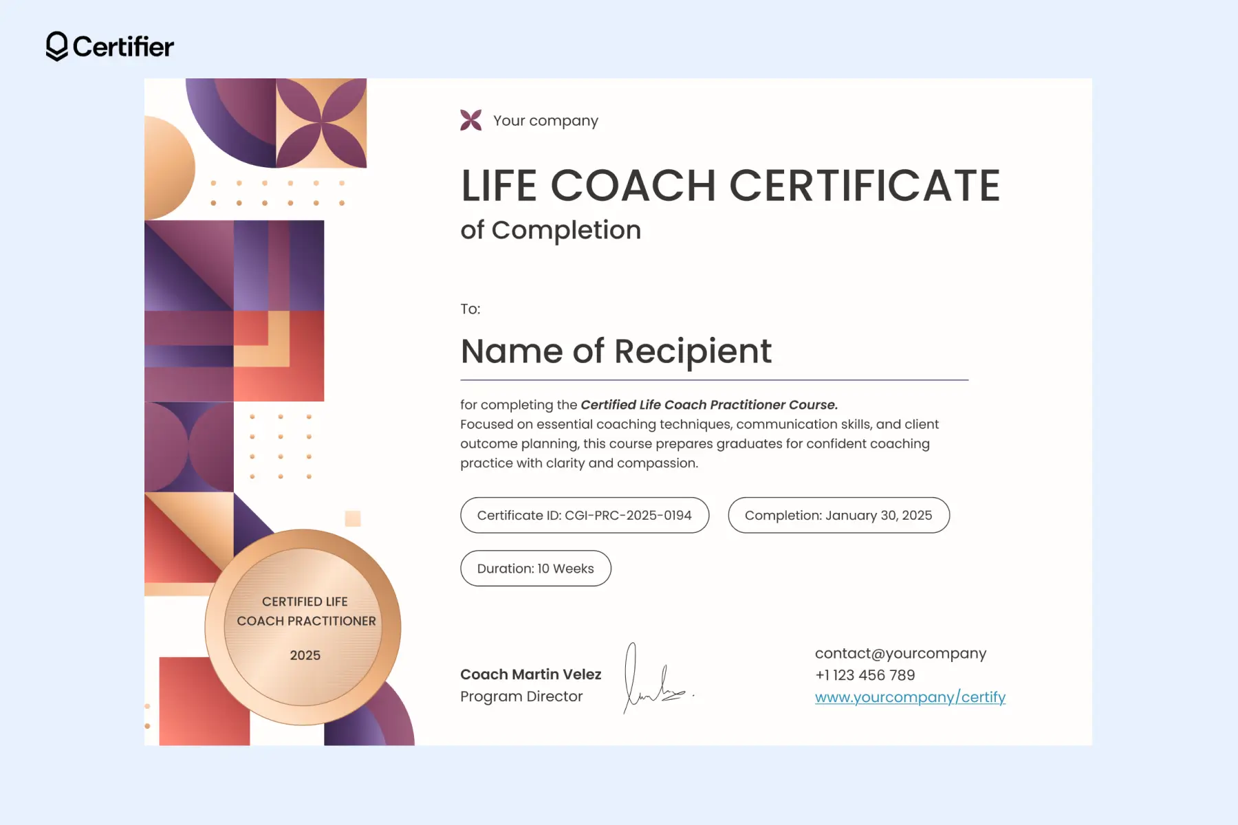 Abstract purple geometric life coach certificate template PDF featuring modern shapes and bronze seal Abstract purple geometric life coach certificate template PDF featuring modern shapes and bronze seal