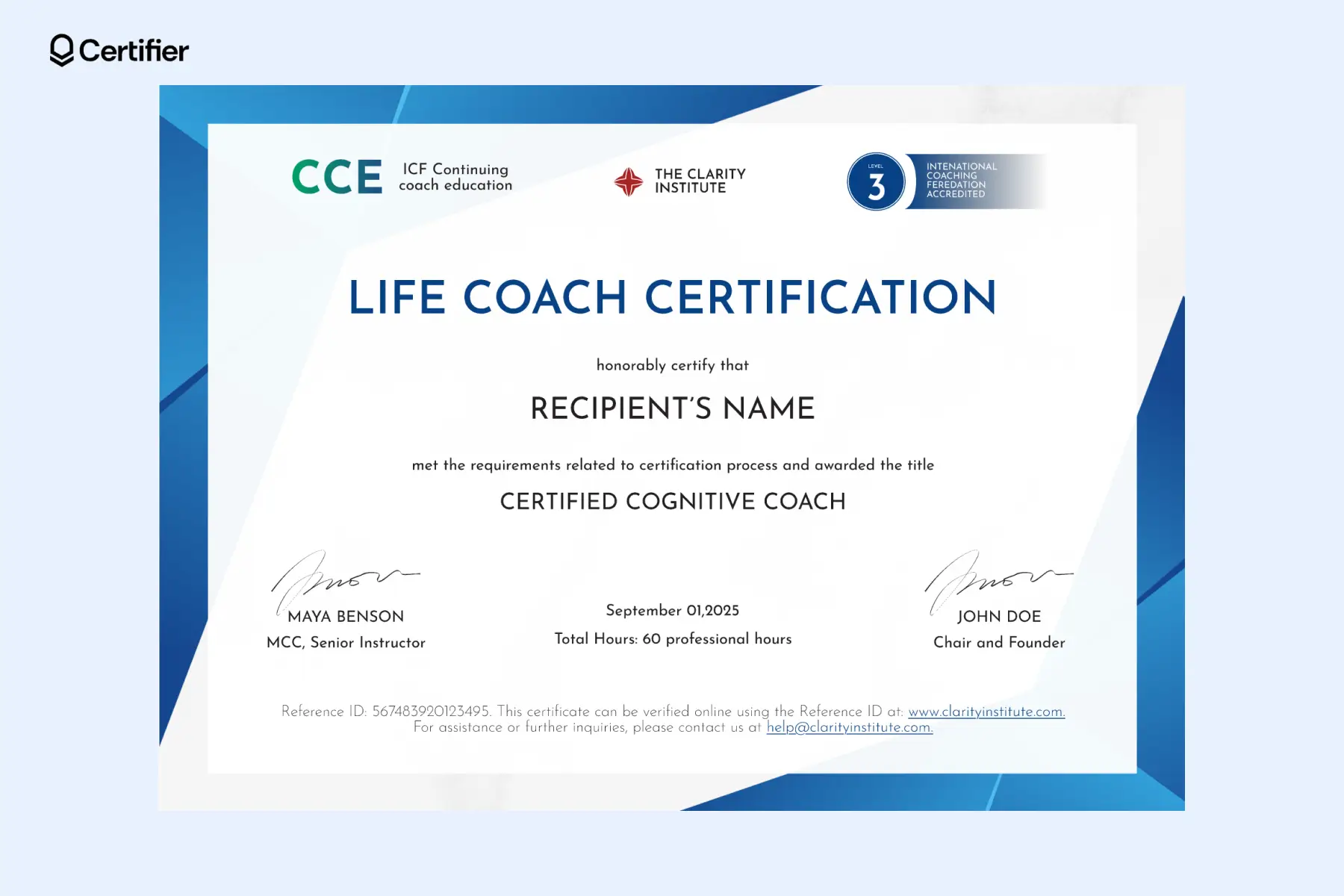 Geometric blue life coach certification images with CCE and ICF badges that contains the disclaimer at the buttom with a reference ID. Geometric blue life coach certification images with CCE and ICF badges that contains the disclaimer at the buttom with a reference ID.
