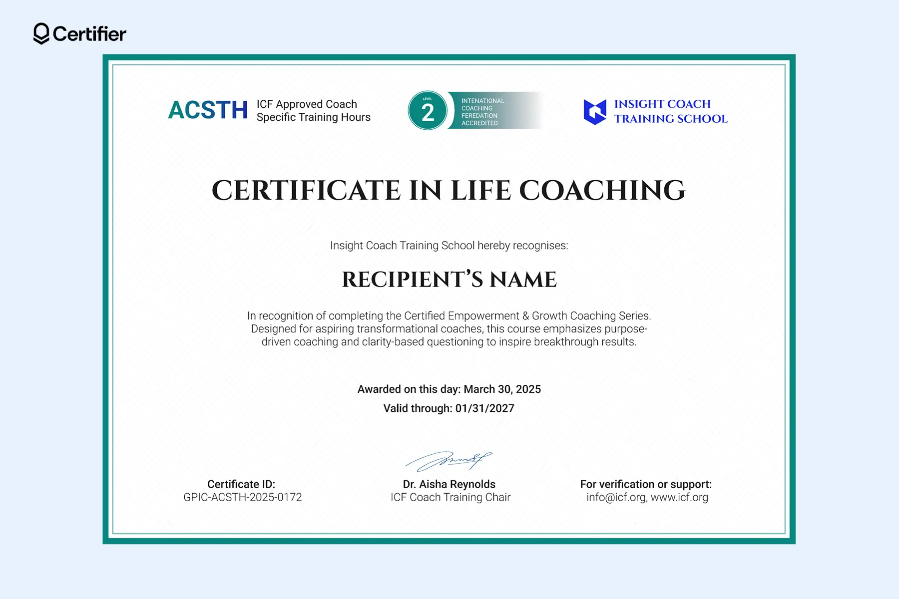 Bordered free life coaching certificate templates PDF with ACSTH badge and validity dates. Bordered free life coaching certificate templates PDF with ACSTH badge and validity dates.