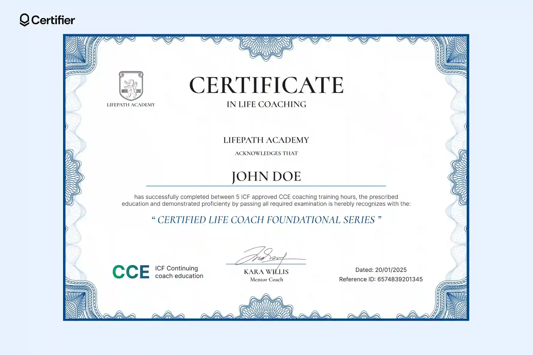 Blue guilloche free life coaching certificate template with CCE mark and dedicated placeholders for date and reference ID. Blue guilloche free life coaching certificate template with CCE mark and dedicated placeholders for date and reference ID.