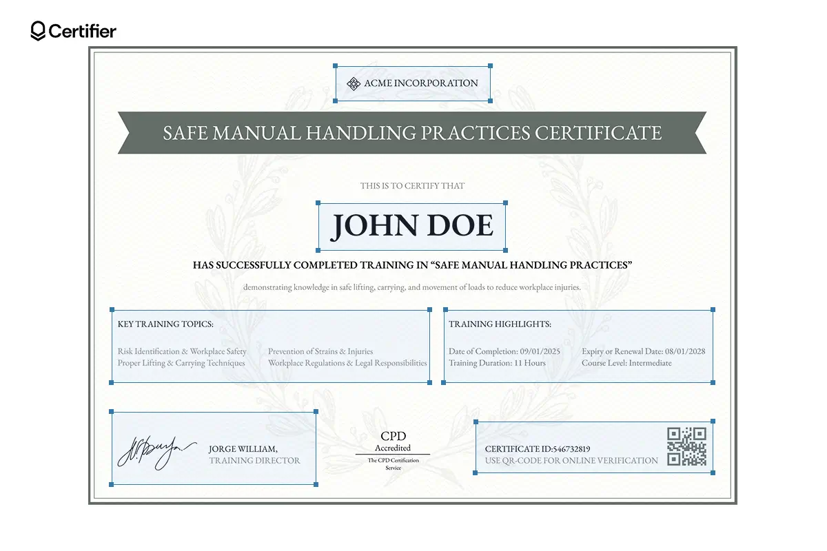Green-ribbon manual handling certificate template with training details and CPD verification QR code; a straightforward certificate to award outcomes of workplace safety training effectively. Green-ribbon manual handling certificate template with training details and CPD verification QR code; a straightforward certificate to award outcomes of workplace safety training effectively.
