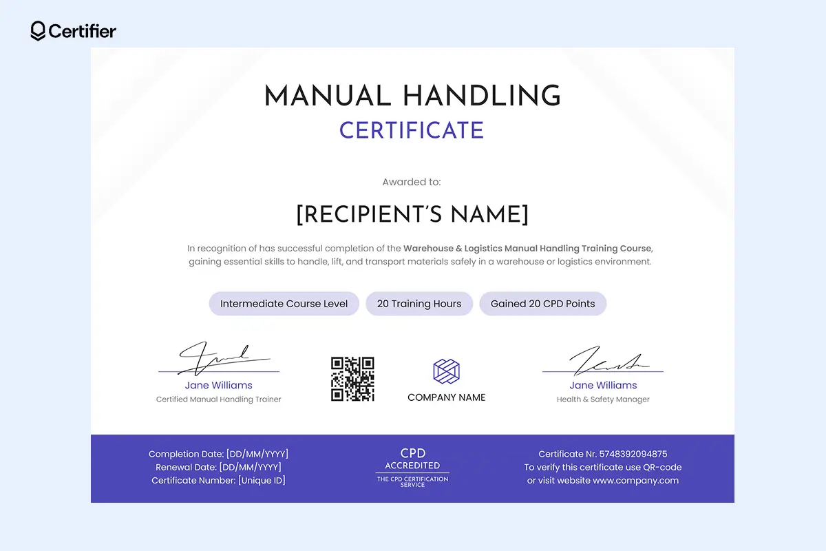 Manual handling cert example with CPD tags, purple highlights and validation section; supports transport teams in documenting outcomes from bulk training sessions. Manual handling cert example with CPD tags, purple highlights and validation section; supports transport teams in documenting outcomes from bulk training sessions.