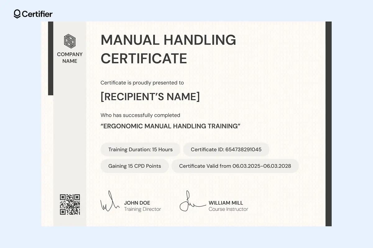 Manual handling certificate template example with beige layout and ergonomic training info. Manual handling certificate template example with beige layout and ergonomic training info.
