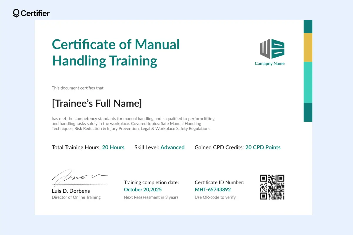 Manual handling certificate template PDF showing 20-hour course info and CPD credit section; the manual handling certificate sample is in horizontal orientation. Manual handling certificate template PDF showing 20-hour course info and CPD credit section; the manual handling certificate sample is in horizontal orientation.