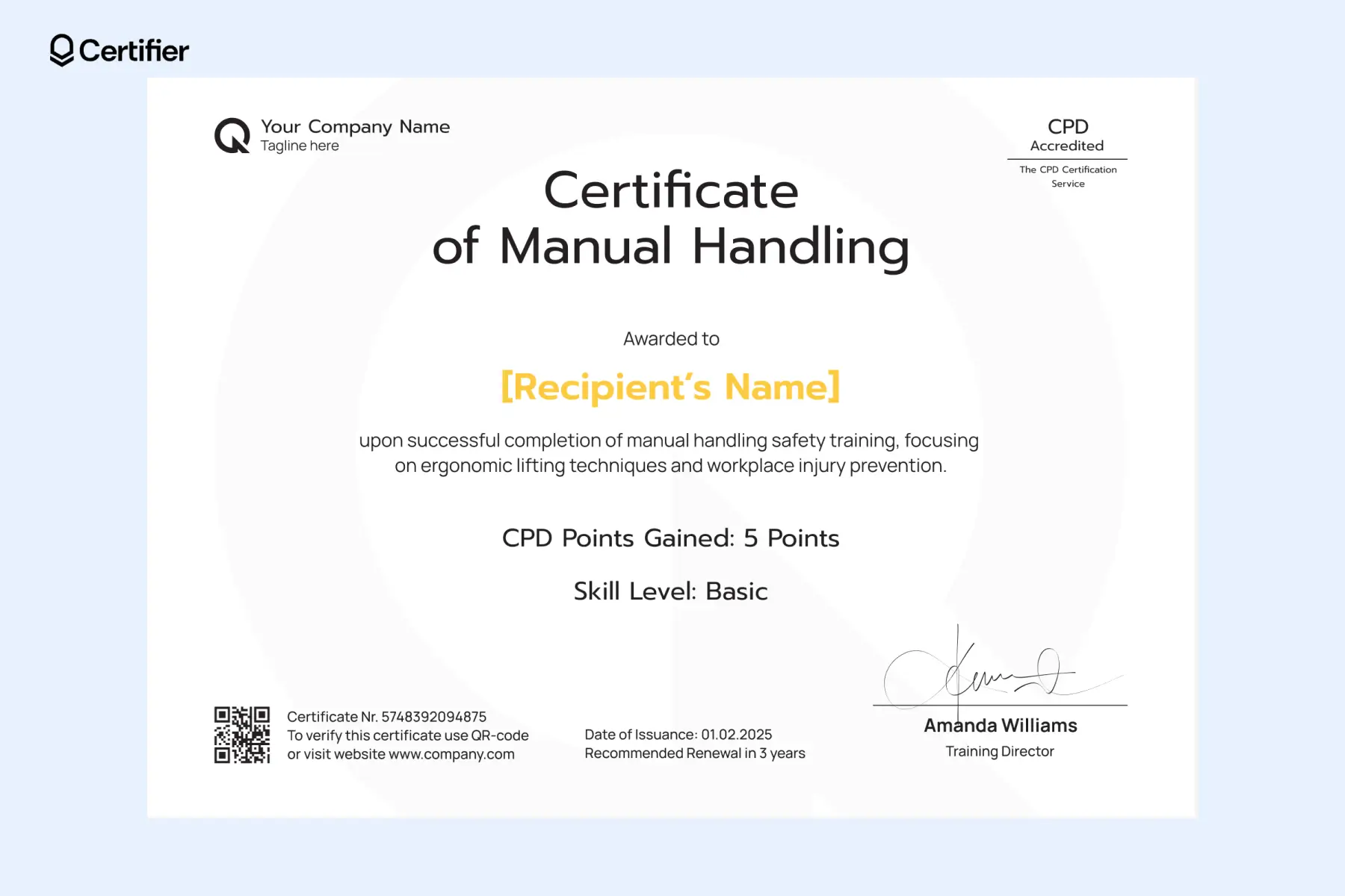 Simple manual handling certificate template PDF for ergonomic safety training with 5 CPD points shown; includes space to add branding or images before exporting as PDF. Simple manual handling certificate template PDF for ergonomic safety training with 5 CPD points shown; includes space to add branding or images before exporting as PDF.
