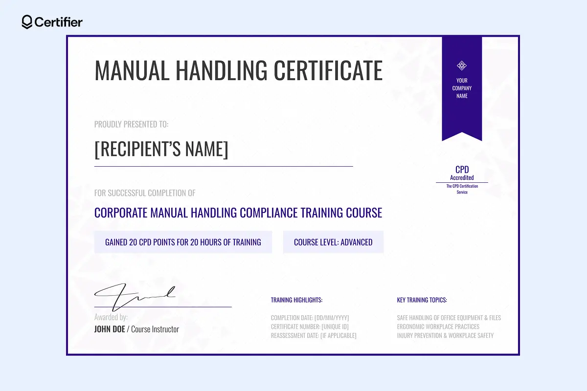 Manual handling certificate PDF for advanced workplace safety training with clean visual layout. Manual handling certificate PDF for advanced workplace safety training with clean visual layout.