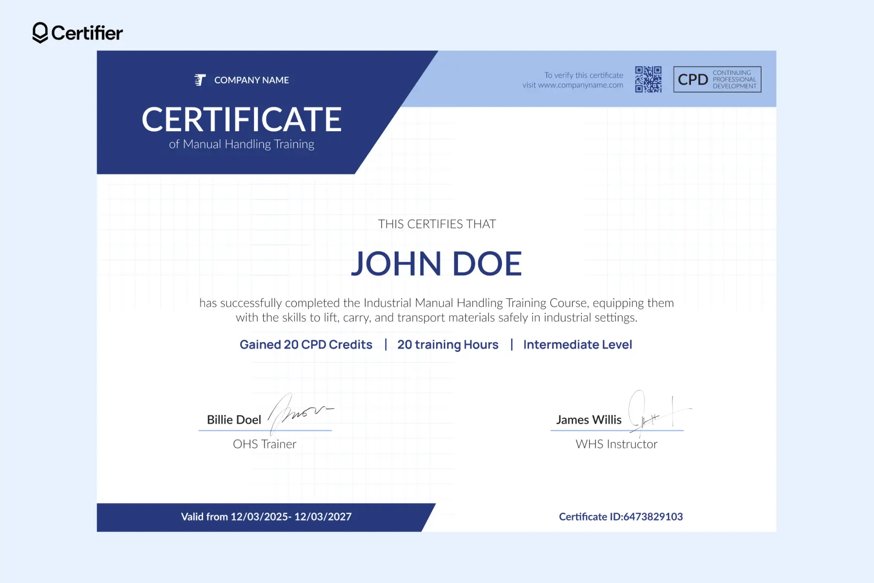Manual handling certificate PDF showing CPD credits and validation for industrial safety training; the manual handling certificate template Word features blue tones and notebook feel. Manual handling certificate PDF showing CPD credits and validation for industrial safety training; the manual handling certificate template Word features blue tones and notebook feel.