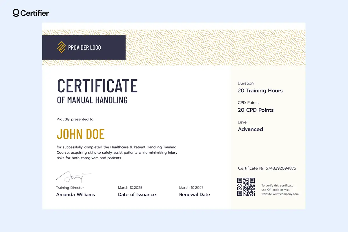 Manual handling training record template for patient care and lifting safety with CPD log; can be used as a certification of achievement or appreciation. Manual handling training record template for patient care and lifting safety with CPD log; can be used as a certification of achievement or appreciation.