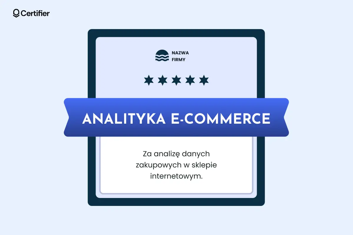 Wizualny przykład tego jak może wyglądać mikropoświadczenie: niebieska odznaka za analizę e-commerce.. Wizualny przykład tego jak może wyglądać mikropoświadczenie: niebieska odznaka za analizę e-commerce..
