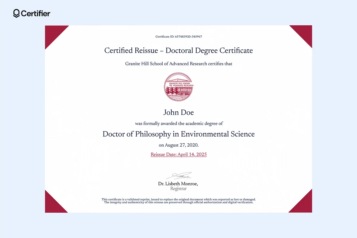 PhD certificate format for reissue with red corner accents and editable fields. PhD certificate format for reissue with red corner accents and editable fields.
