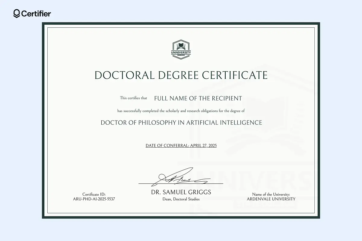 Doctorate degree certificate template with editable borders, seal, field of study, and signature placement. Doctorate degree certificate template with editable borders, seal, field of study, and signature placement.