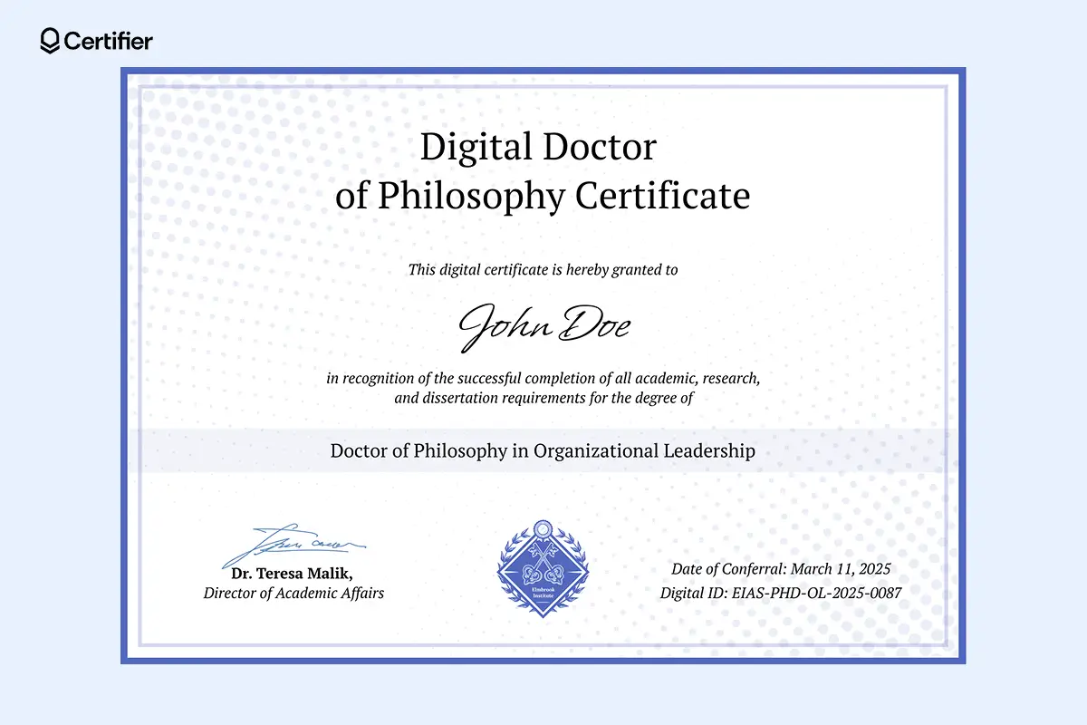 Digital PhD certificate template PDF for leadership degrees, with editable fields and secure digital ID. Digital PhD certificate template PDF for leadership degrees, with editable fields and secure digital ID.