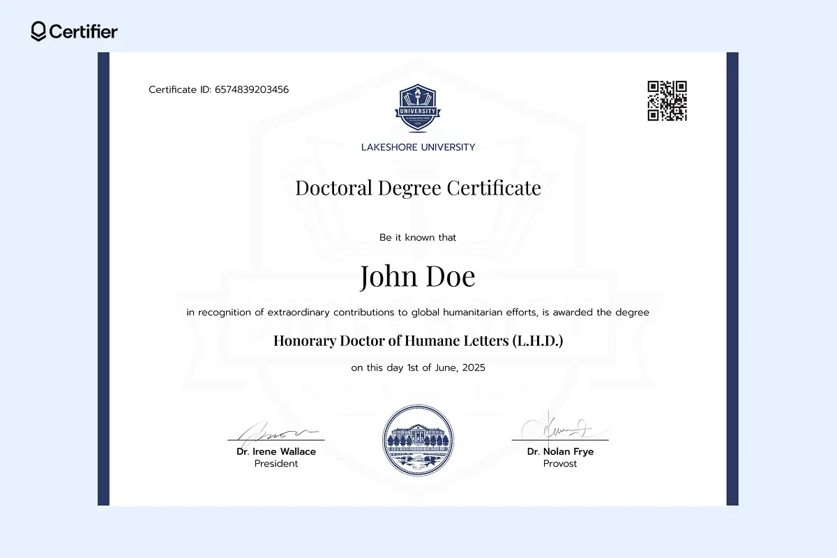 Editable honorary doctorate certificate with QR code, signatures, and digital verification elements. Editable honorary doctorate certificate with QR code, signatures, and digital verification elements.