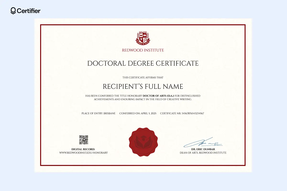 Doctorate diploma template with light leaf background, red seal, and editable text for title and date; ready to download instantly. Doctorate diploma template with light leaf background, red seal, and editable text for title and date; ready to download instantly.