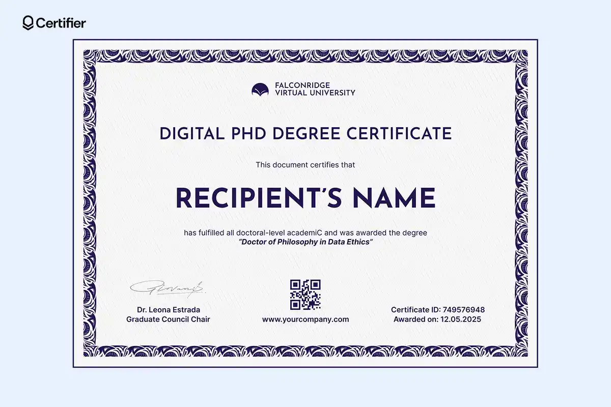 PhD certificate sample PDF with violet border, editable fields for name, field of study, and QR code. PhD certificate sample PDF with violet border, editable fields for name, field of study, and QR code.