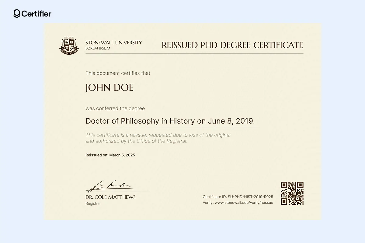 PhD diploma template in beige with QR code, reissue date, editable doctoral field; ideal for celebrating students’ achievement and educational careers. PhD diploma template in beige with QR code, reissue date, editable doctoral field; ideal for celebrating students’ achievement and educational careers.