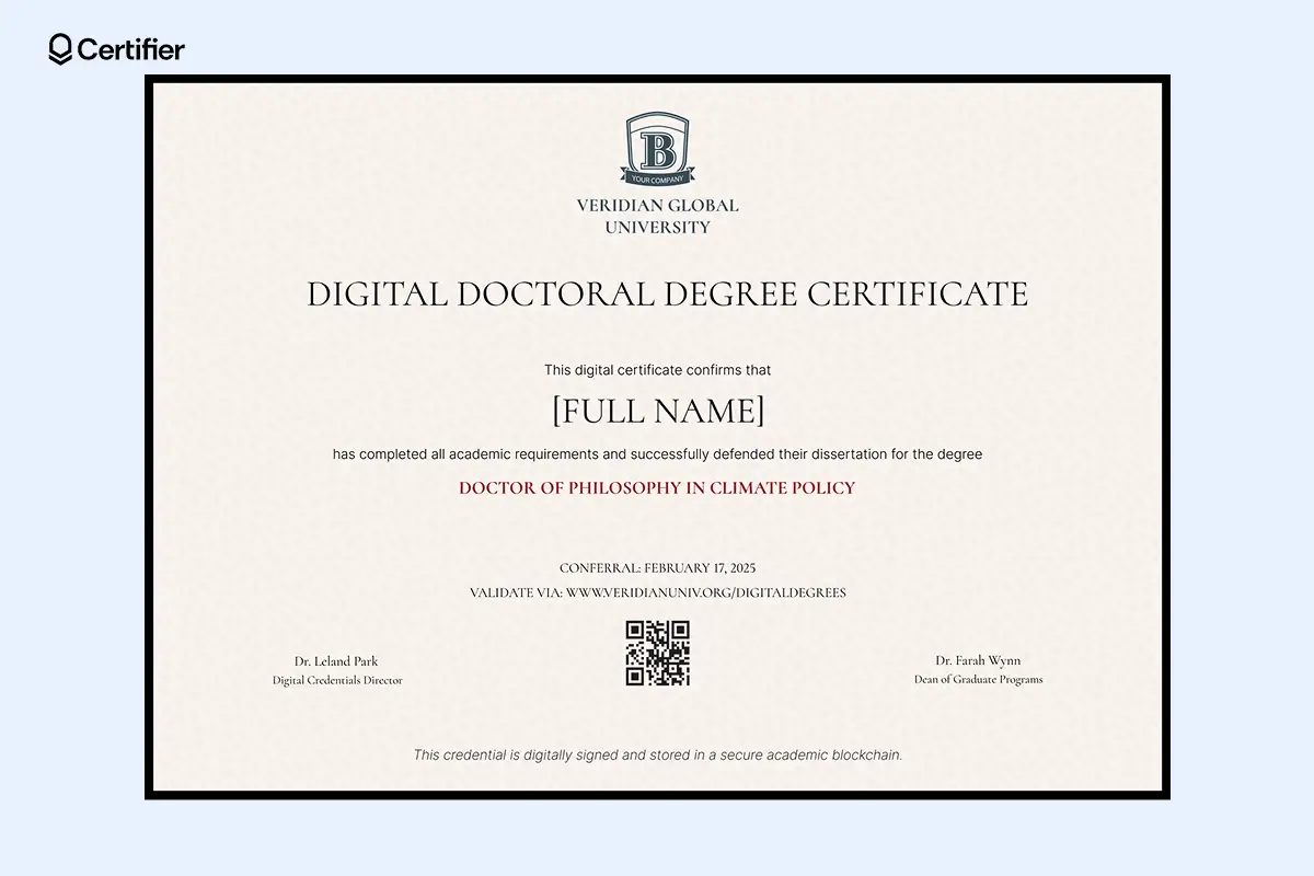 Minimalist digital doctorate degree template with QR verification and editable field of study. Minimalist digital doctorate degree template with QR verification and editable field of study.