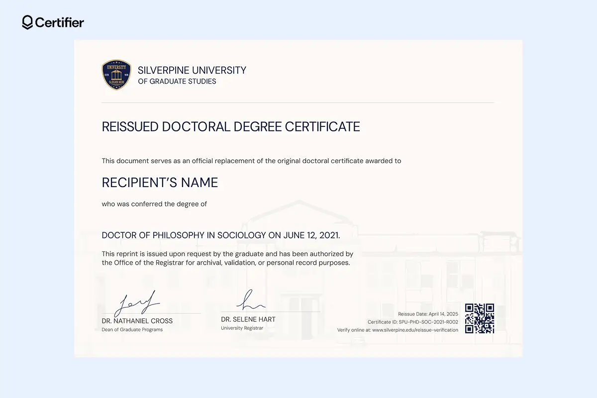 Doctorate degree template with blue highlight, editable sociology degree, and two signature fields. Doctorate degree template with blue highlight, editable sociology degree, and two signature fields.