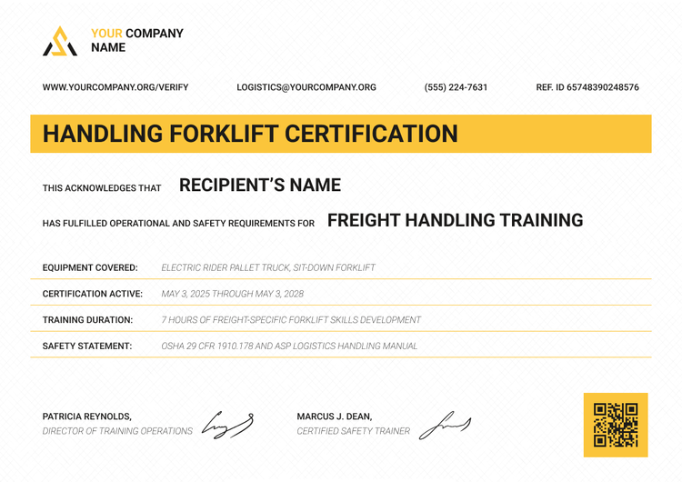Professional and dynamic forklift certificate template
