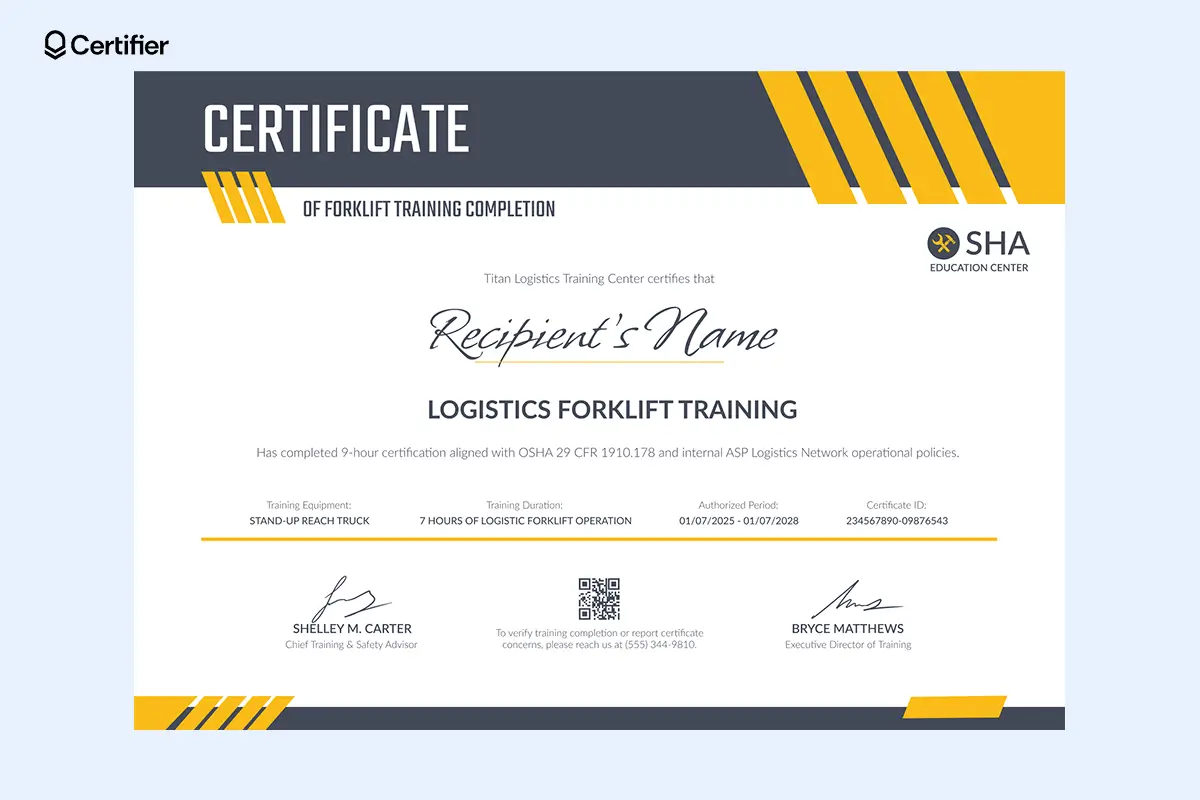 Free printable forklift certification certificate template for industrial reach truck training. Free printable forklift certification certificate template for industrial reach truck training.