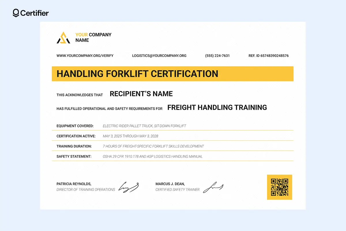 One of the forklift certification cards for manufacturing training with OSHA formatting, with a place for info for provider service details like company name, employee name, knowledge range, evaluate points and more. One of the forklift certification cards for manufacturing training with OSHA formatting, with a place for info for provider service details like company name, employee name, knowledge range, evaluate points and more.