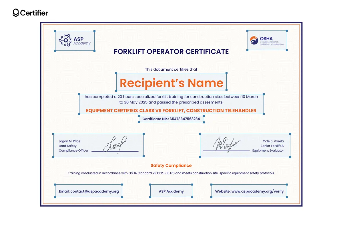 Blank forklift certificate template for Class VII construction telehandler with OSHA logo and editable fields. Blank forklift certificate template for Class VII construction telehandler with OSHA logo and editable fields.