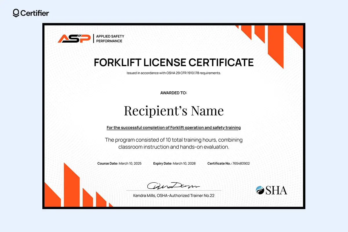 Forklift license certificate template designed for OSHA training hour tracking and validation. Forklift license certificate template designed for OSHA training hour tracking and validation.