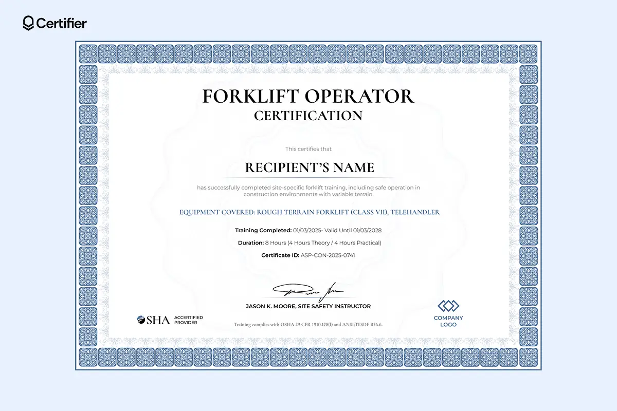 Blue-border printable forklift certification template free to use for Class VII terrain equipment. Blue-border printable forklift certification template free to use for Class VII terrain equipment.