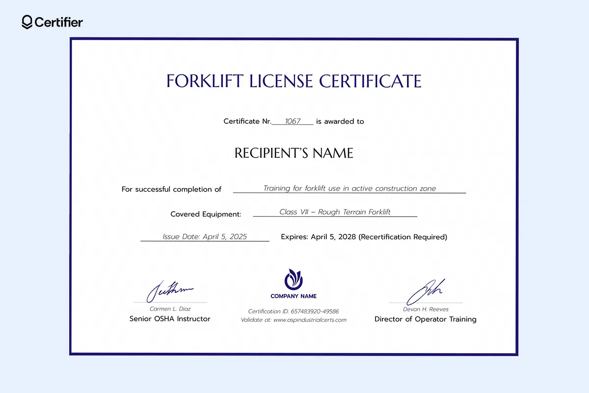 Forklift license certificate template for high-mobility site training and OSHA compliance. Forklift license certificate template for high-mobility site training and OSHA compliance.