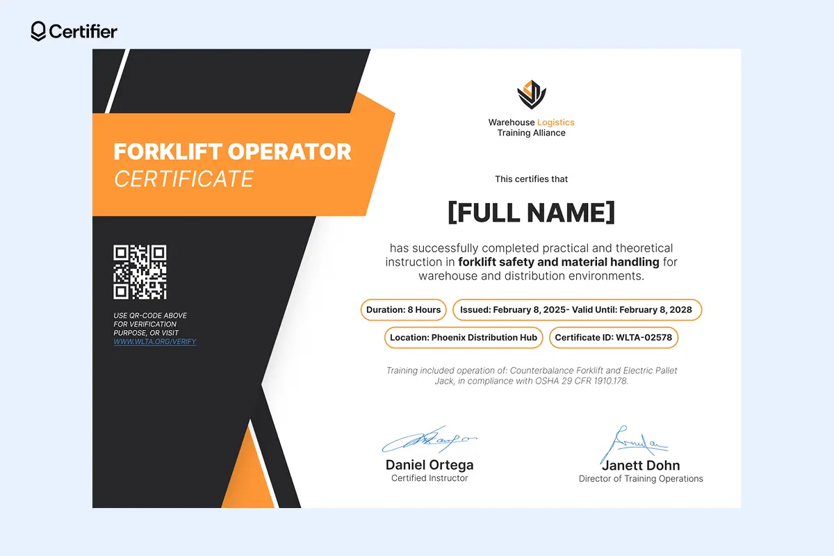 Warehouse forklift certification card template with QR validation and Class III equipment coverage. Warehouse forklift certification card template with QR validation and Class III equipment coverage.