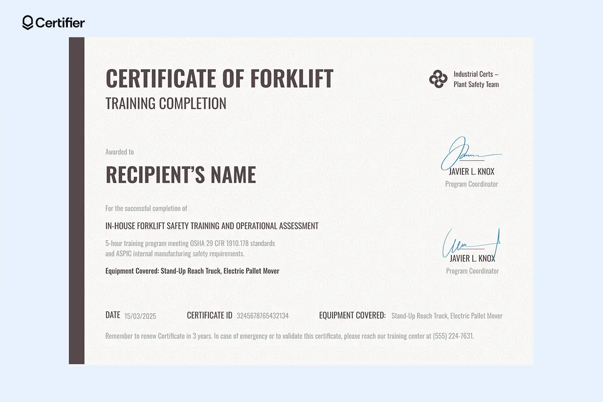 Blank forklift certification certificate template for internal stand-up forklift training. Blank forklift certification certificate template for internal stand-up forklift training.