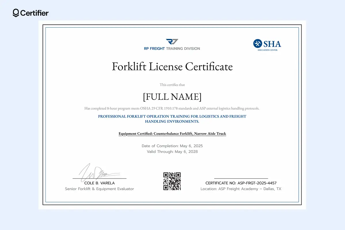 Forklift certification template Word format for freight handling and narrow aisle trucks. Forklift certification template Word format for freight handling and narrow aisle trucks.