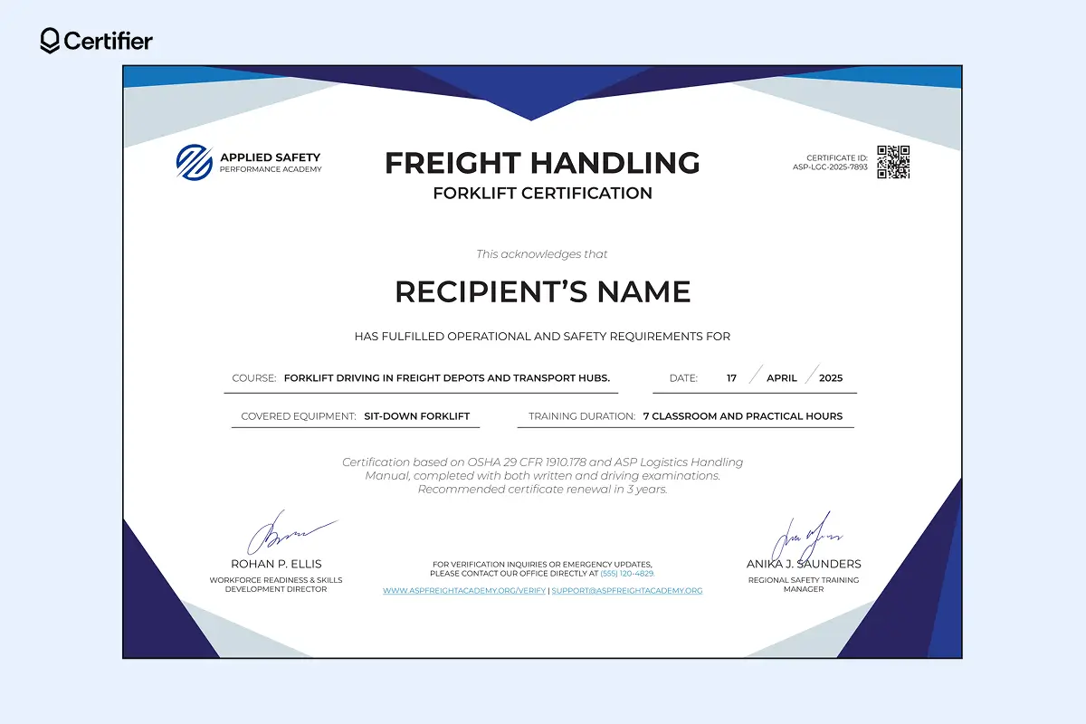 Free printable forklift certification certificate template for short OSHA training sessions. Free printable forklift certification certificate template for short OSHA training sessions.