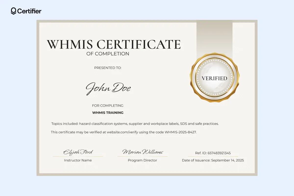 WHMIS card template with gold verified badge and minimal layout. WHMIS card template with gold verified badge and minimal layout.